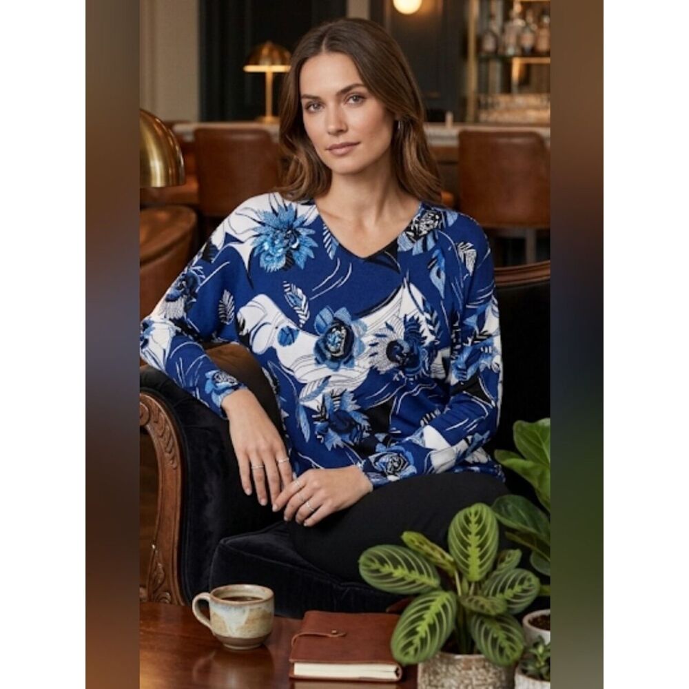 Peck & Peck Sweater/Top Sz L Blue Floral